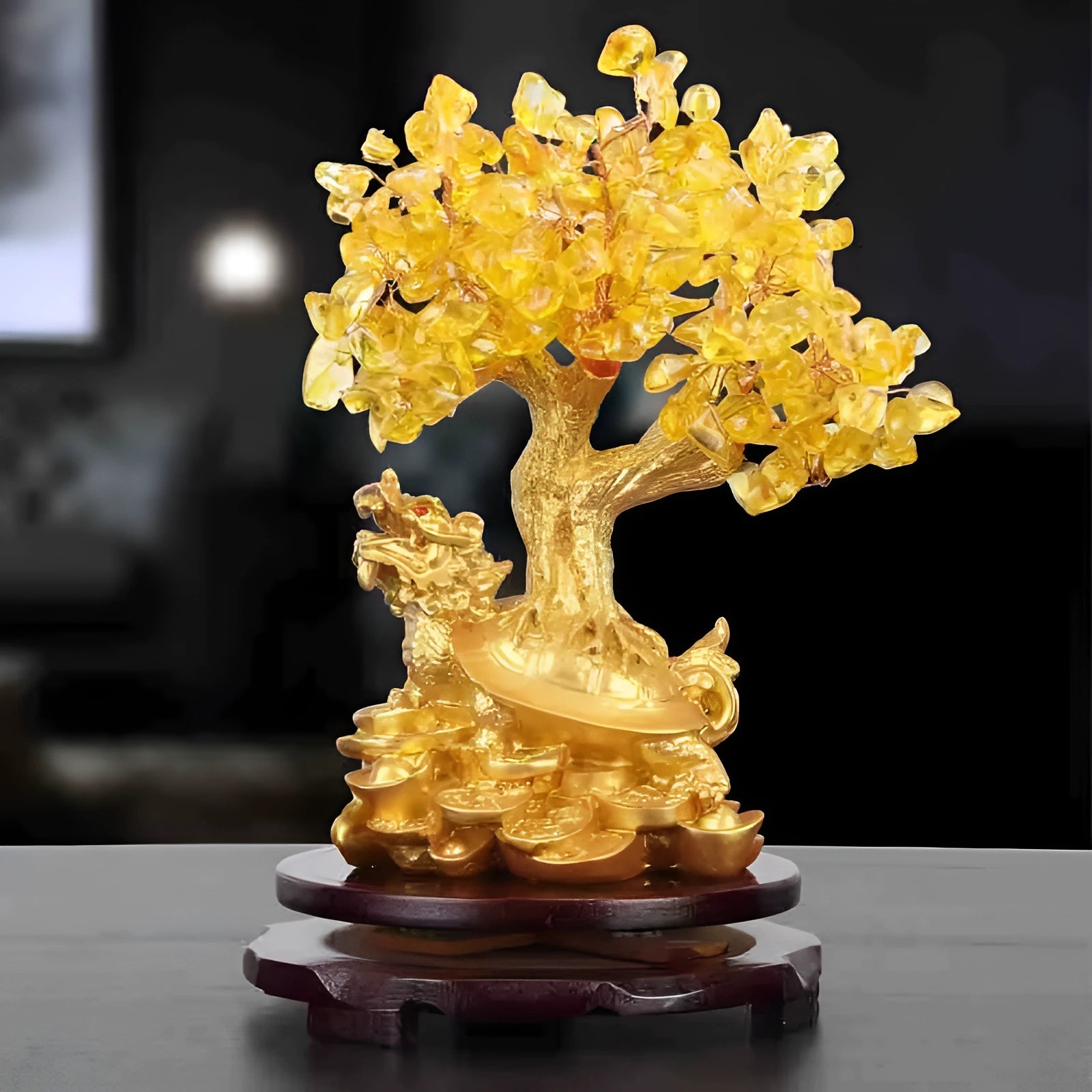 Resin Feng Shui ornament of a citrine small water turtle money tree, Chinese style.