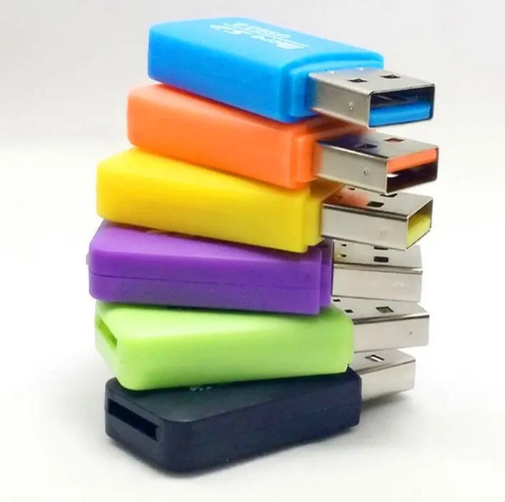 Mini USB card reader for microSD TF cards with included SD adapter on a white background.