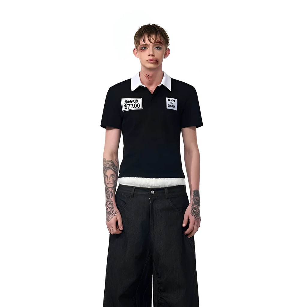 Black slim fit men's short sleeve polo shirt with embroidery hat detail on the chest.