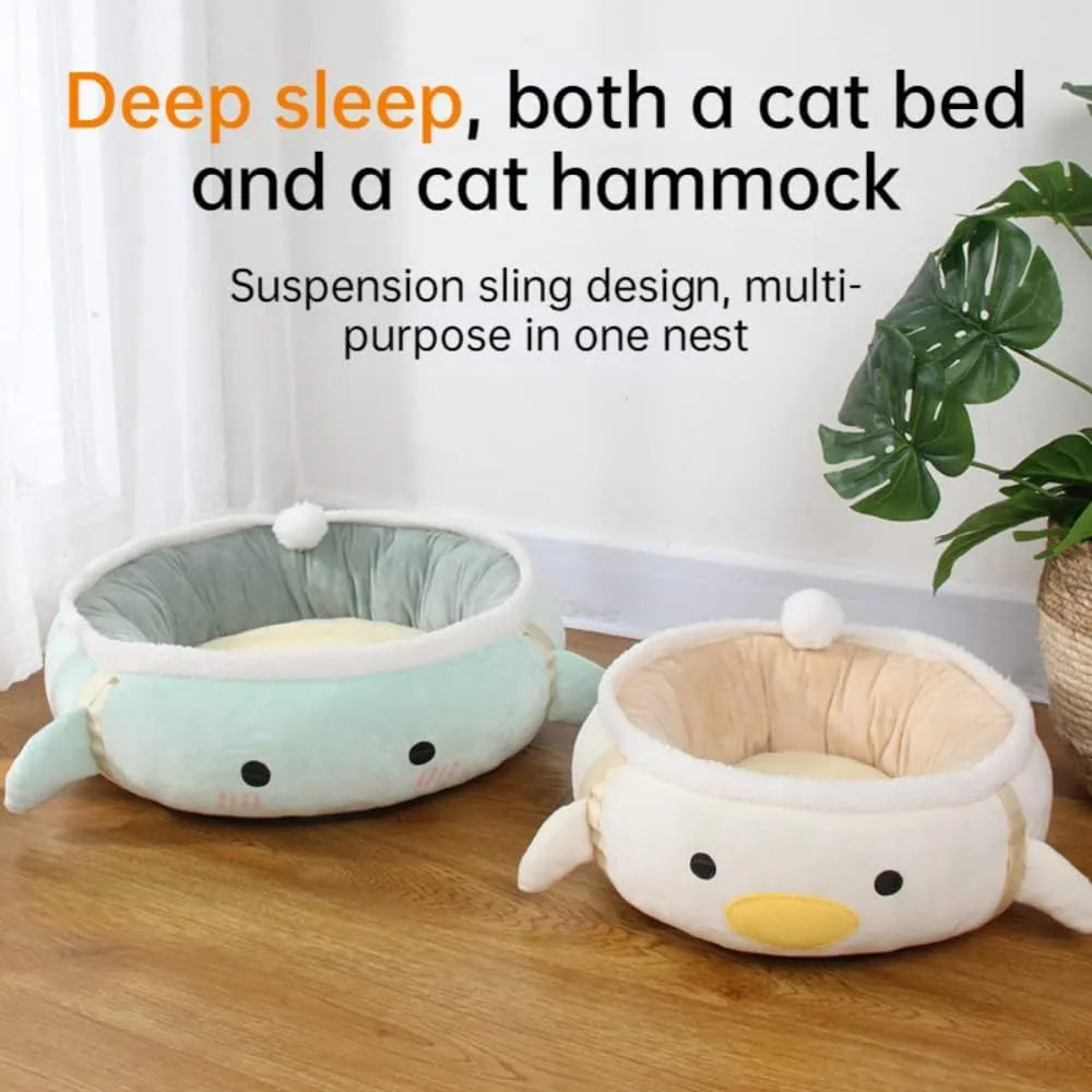 Green chick-shaped cat bed shown both flat and hanging as a hammock, for small pets.