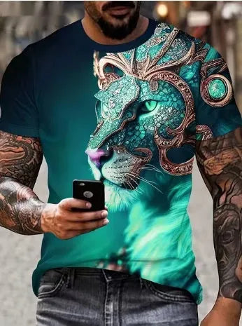 Men's 3D printed lion graphic T-shirt in polyester fabric showing fierce animal design