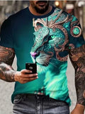 Men's 3D printed lion graphic T-shirt in polyester fabric showing fierce animal design