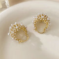 Women's gold flower basket earrings with small rice beads and pearl inlay on copper