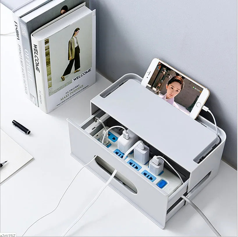 Plastic wireless router storage box in grey or white colour for cable organisation