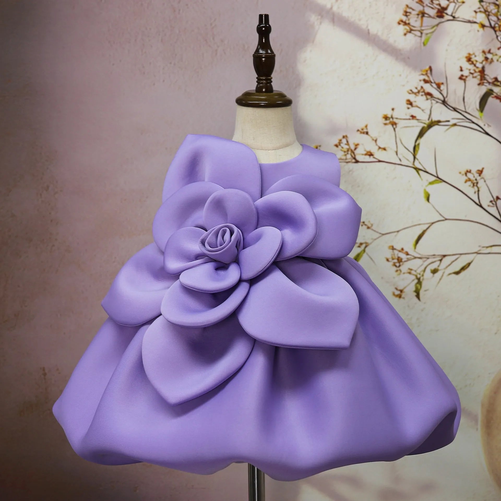 Purple solid colour dress with flower pattern for girls, acetate fabric, available in 90cm to 130cm heights