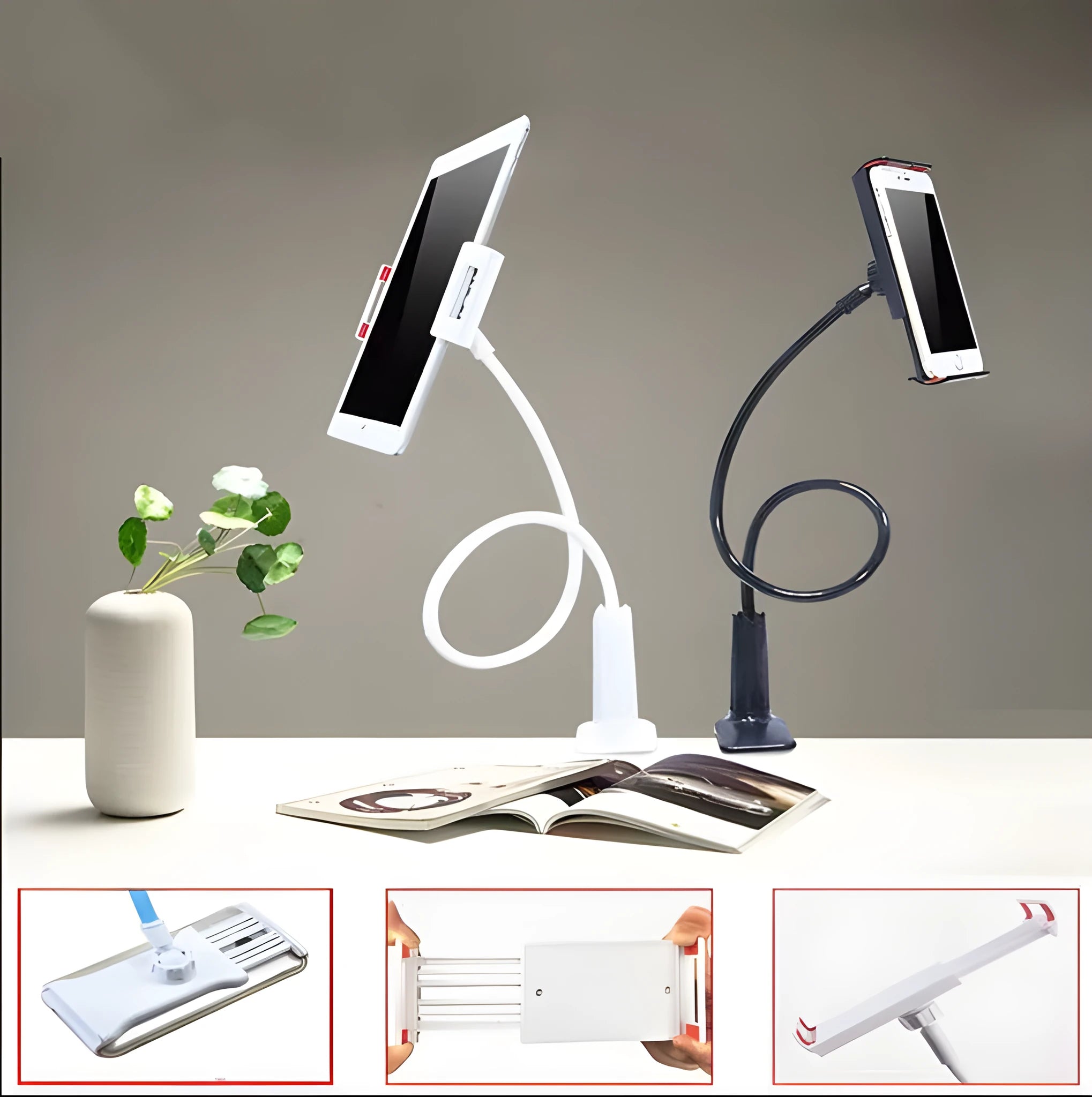 Black oversize bedside phone holder with a long adjustable arm mounted on a wooden table.