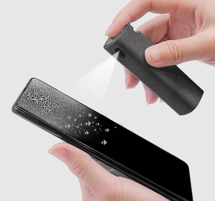 2-in-1 screen cleaner kit with spray bottle and microfiber cloth in pink and grey for phone and computer screens