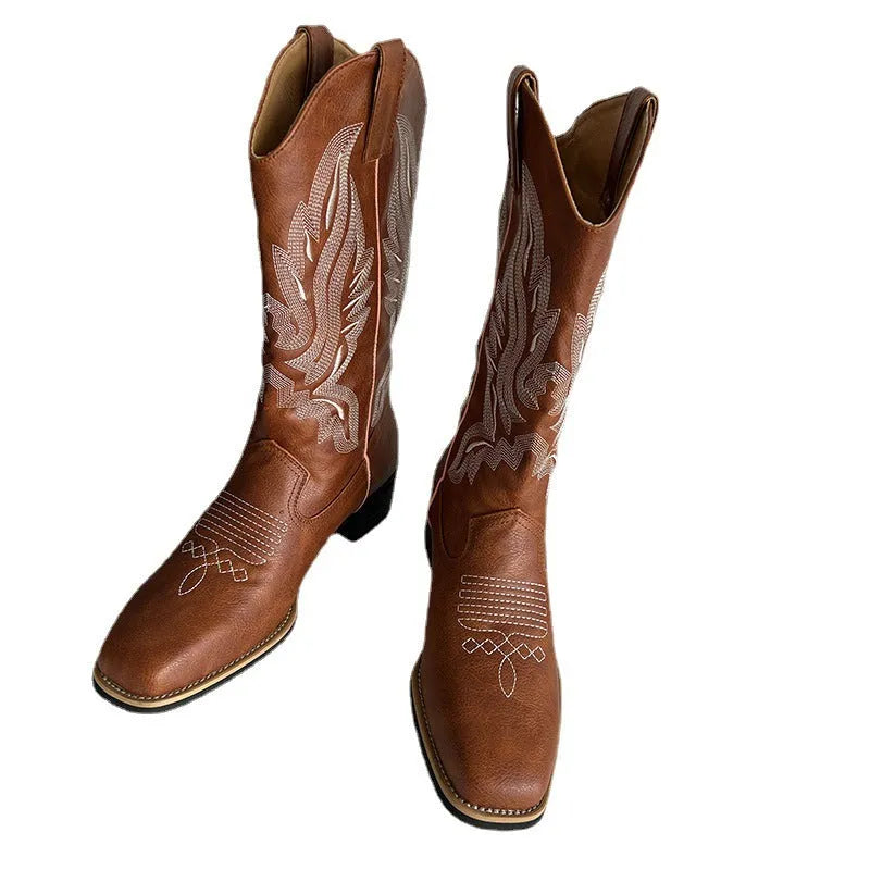 Brown women's embroidered Martin boots with leather lining and round toe