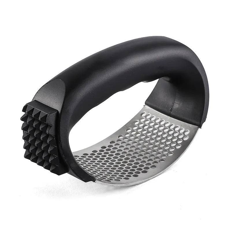 Stainless steel garlic press in black, blue, green, and pink colour options showing 11 x 7 cm dimensions