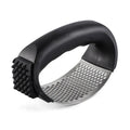 Stainless steel garlic press in black, blue, green, and pink colour options showing 11 x 7 cm dimensions