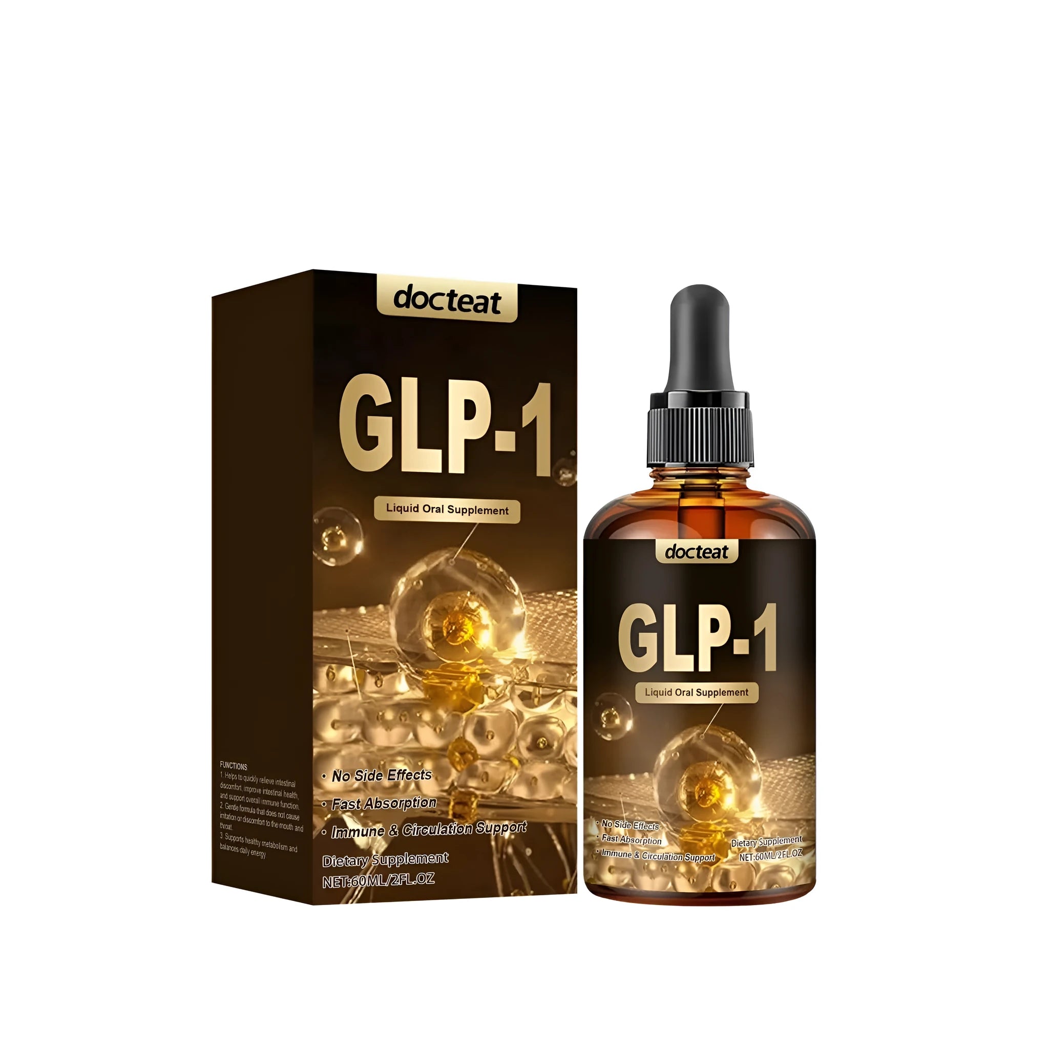 60ml bottle of intestinal health support droplets with a dropper on a white background.
