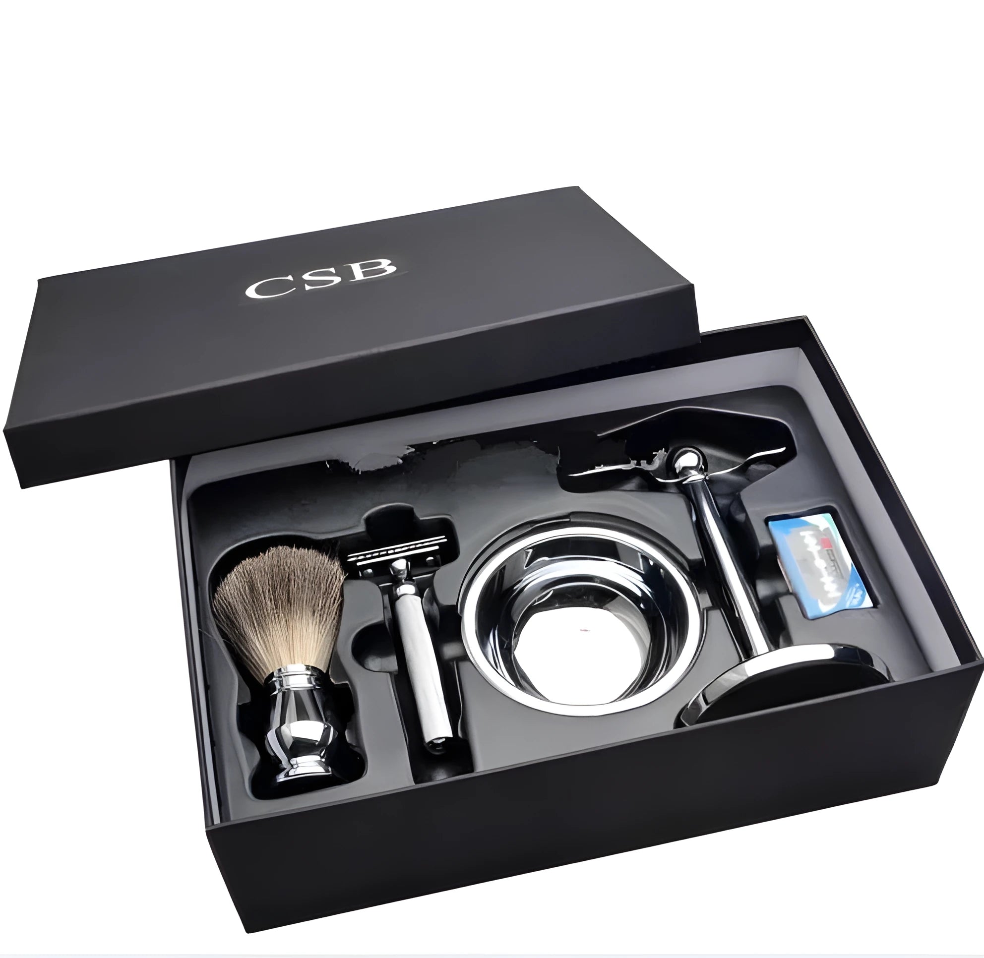 CSB shaving set with chrome stand holding a double edge safety razor and a badger hair brush, with a zinc alloy soap bowl and blades.