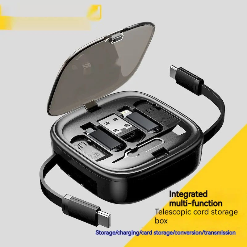 60W fast charging cable storage box in black, with adjustable 0.5-1m cable and multi-interface support
