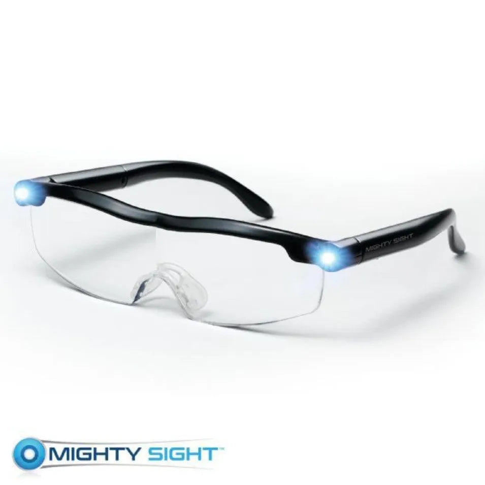 Transparent black USB LED reading glasses with built-in light on the frame.