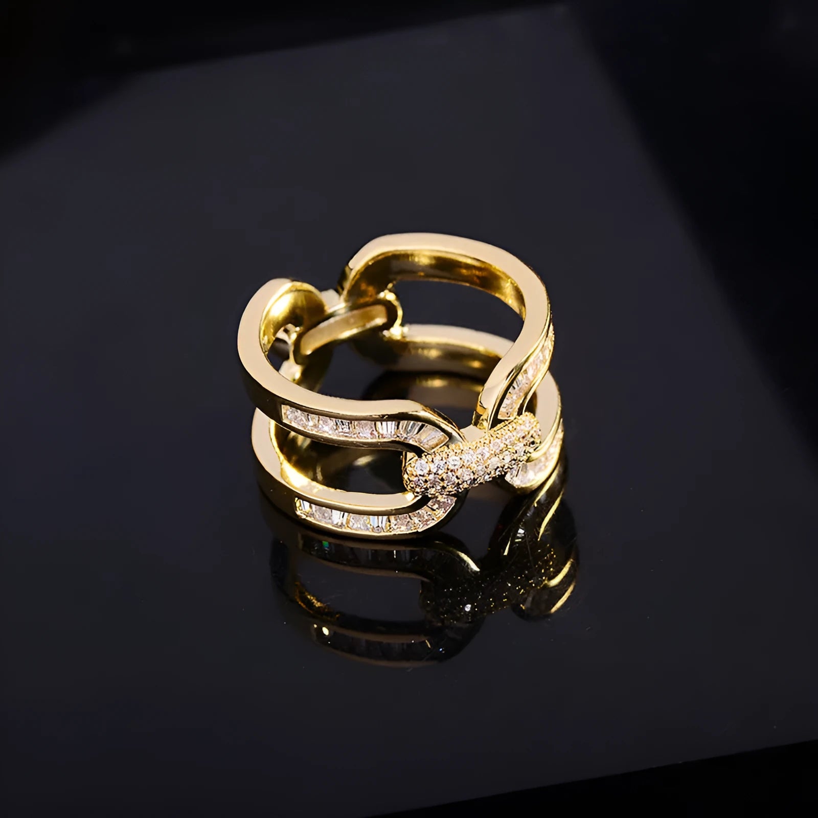 Round copper scarf ring with electroplated gold finish, geometric shape, on a silk scarf