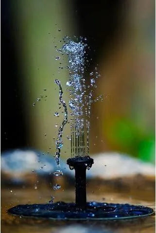 Black solar-powered fountain pump with four spray nozzles for garden birdbaths and ponds