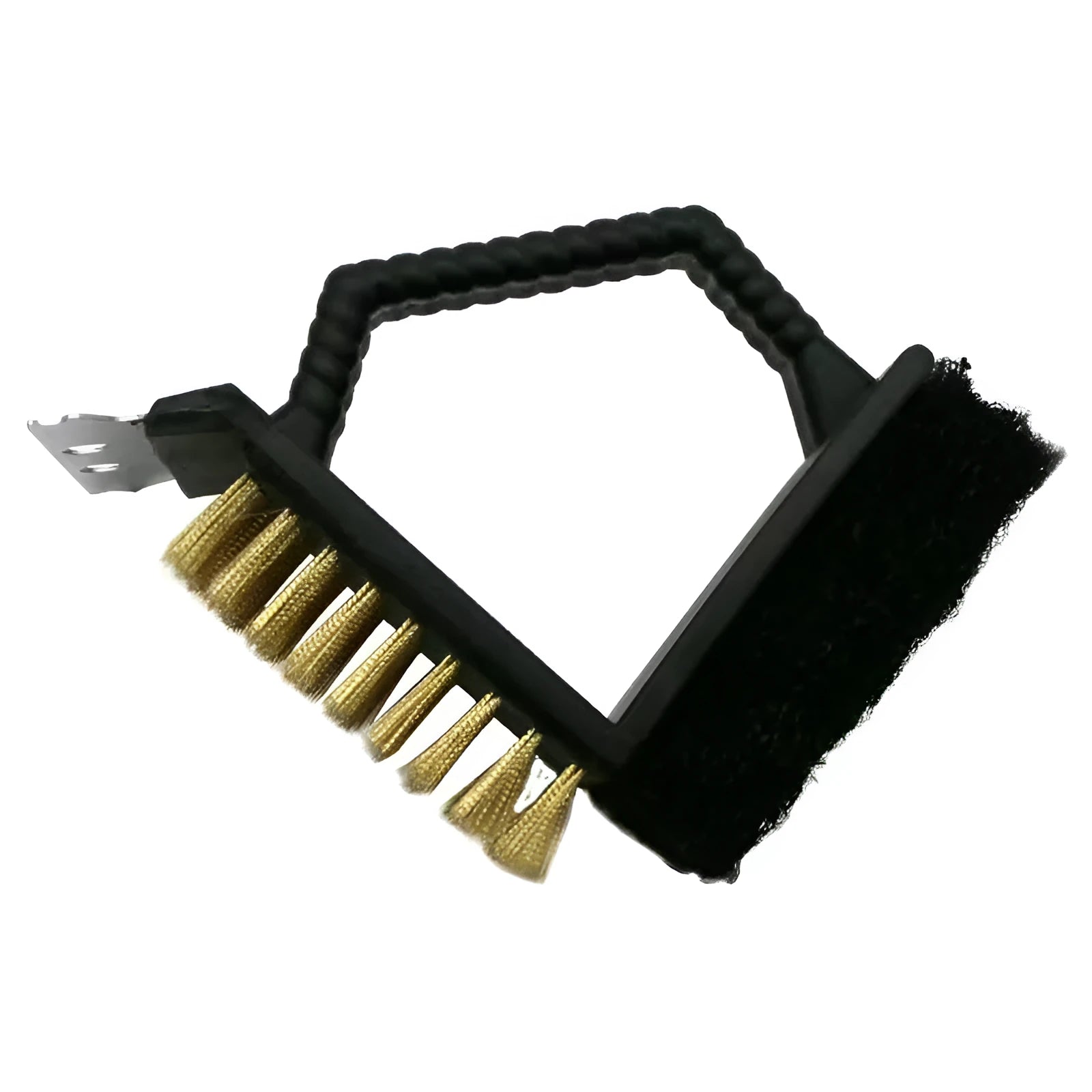 Triangular stainless steel barbecue cleaning brush with a polypropylene handle.