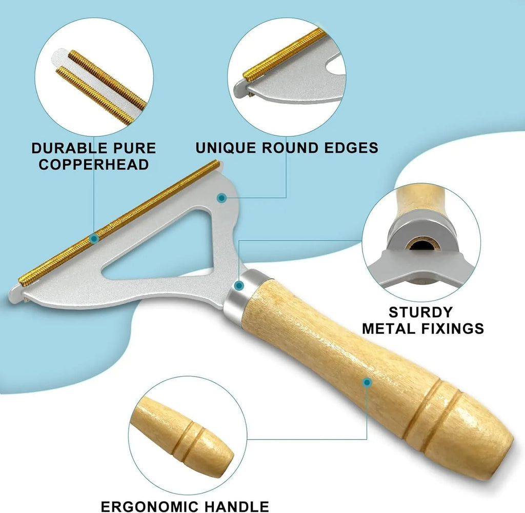 Three-piece pet hair remover set showing metal tool, silicone brush, and round ABS cleaner on a fabric surface.