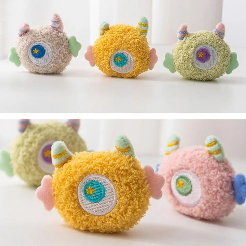 Cartoon-shaped plush dog chew toy with squeaky sound feature in multiple colour options