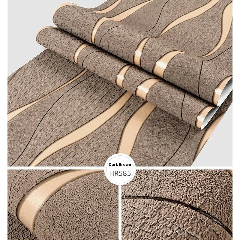 Close-up of curve stripe pattern on textured velvet wallpaper in dark brown, showing 3D effect.