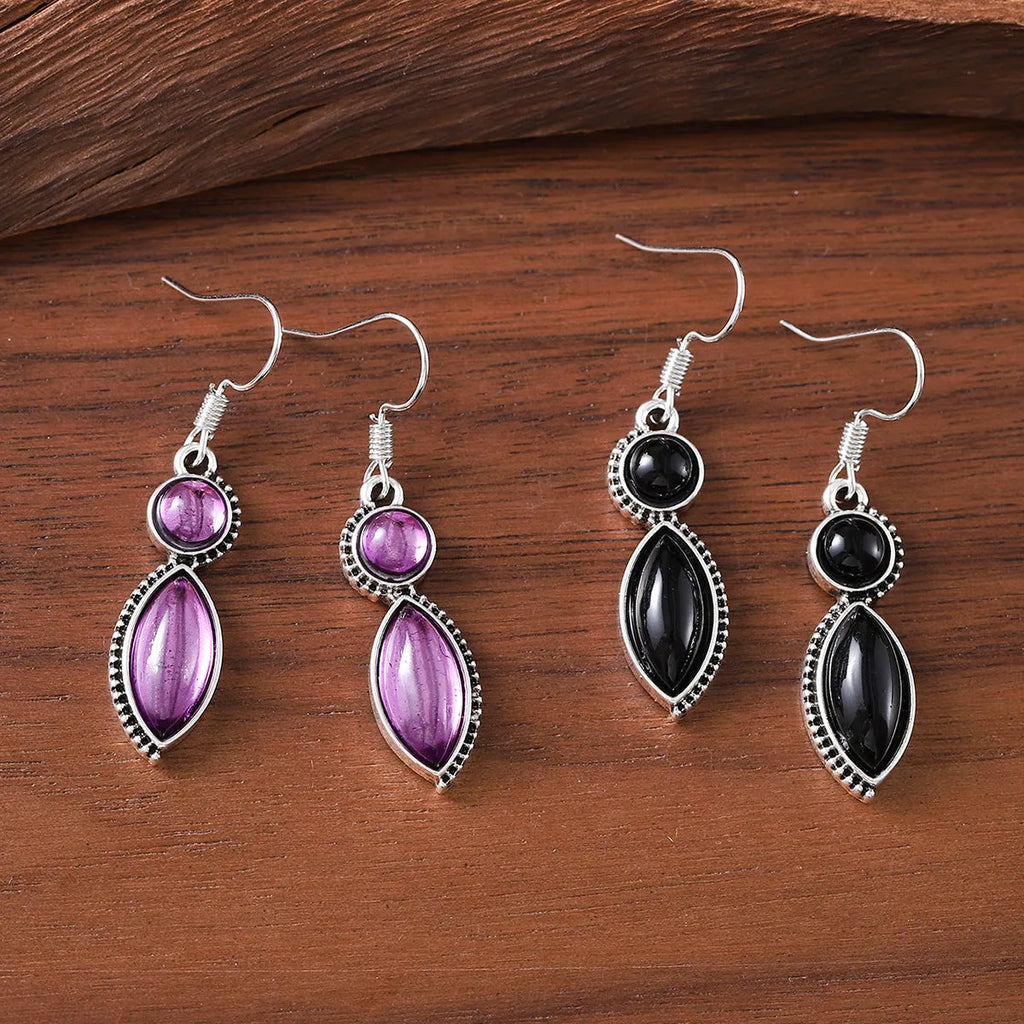 Vintage geometric pendant earrings in black and purple with bohemian retro style