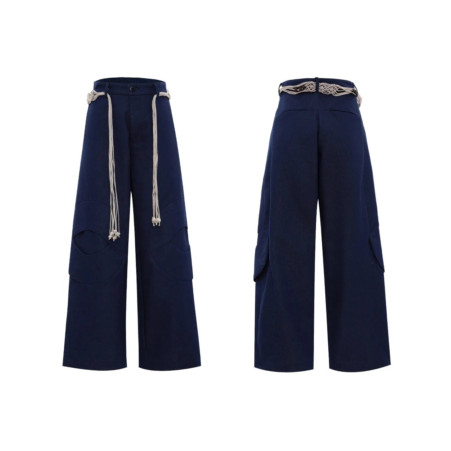 Men's dark coloured straight-leg jeans with heavy 3D cutting, belt-loop stitching, and decorative zipper details