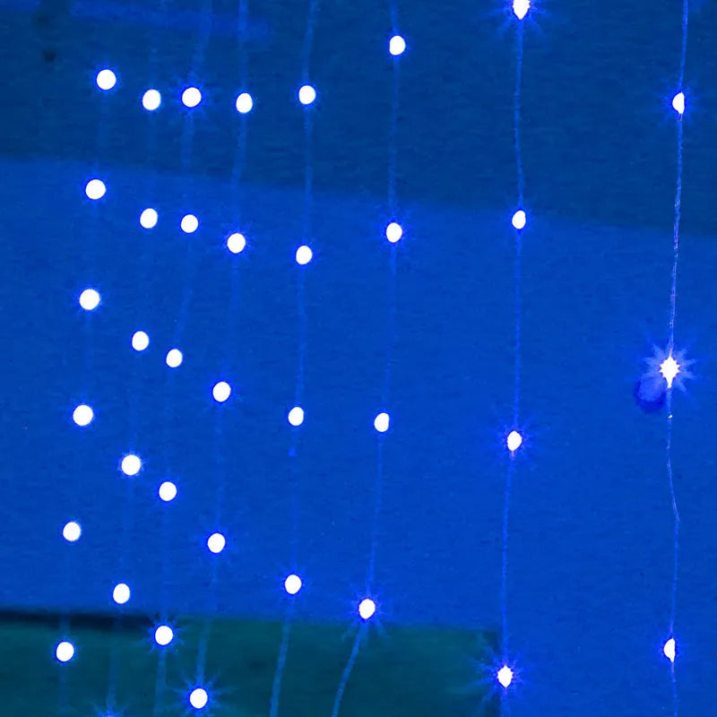 Copper curtain string lights with USB plug in blue, purple, warm white, or white for indoor and outdoor decoration.