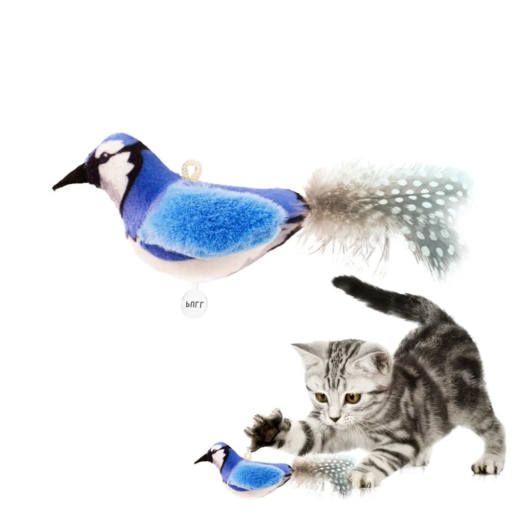 Bird simulation cat toy plush feather wand in blue kingfisher design