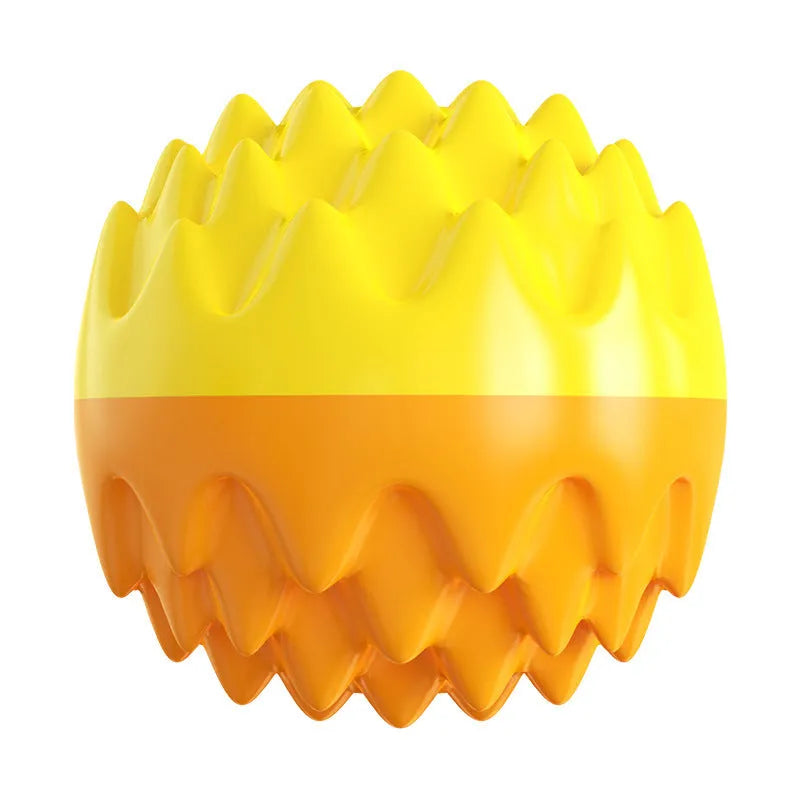 Blue or orange durable rubber dog ball with spiky cleaning bumps and squeaker for aggressive chewers