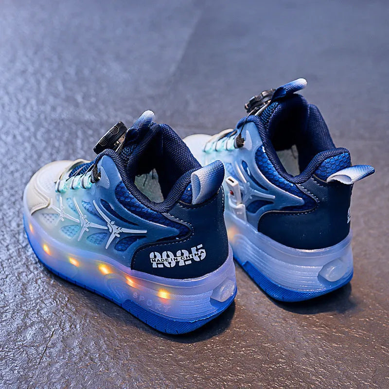 Children's striped roller skates with a prominent adjustment knob on the side, shown in blue colour.