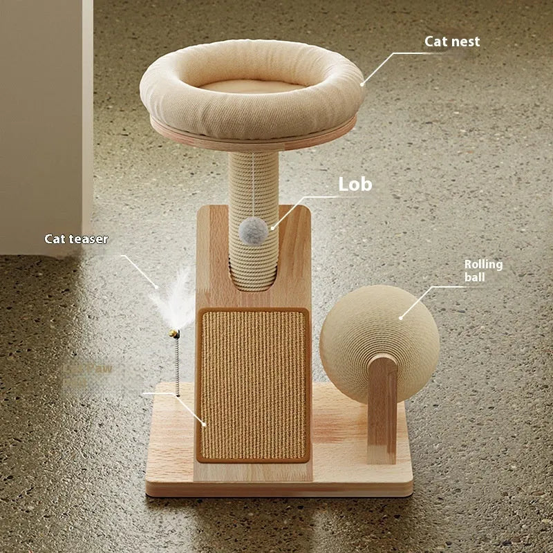 Compact cat climbing frame with a sisal scratch board and natural jute frame