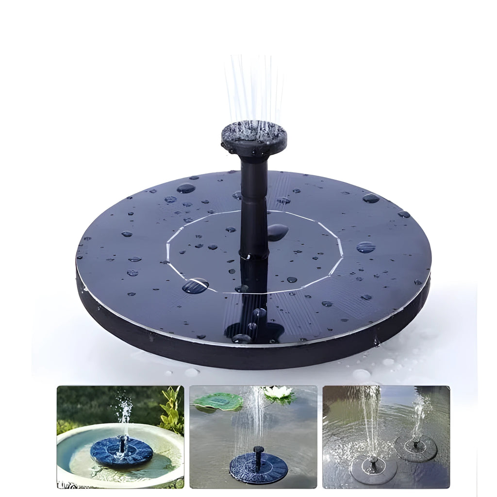 Black solar-powered fountain pump with four spray nozzles for garden birdbaths and ponds