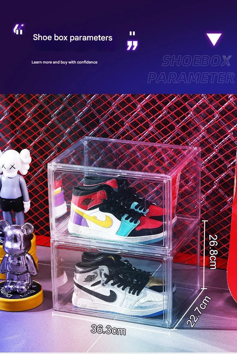 Clear acrylic shoe storage box with magnetic side door and lid