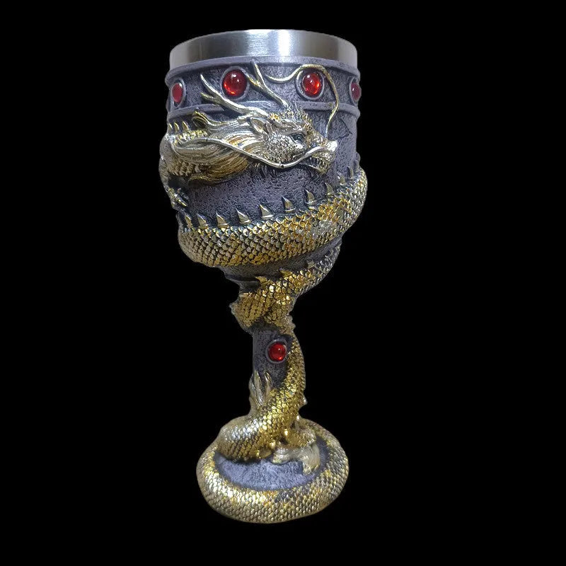 Chinese dragon design red wine glass with 3D stainless steel detailing and 200ml capacity in gold colour