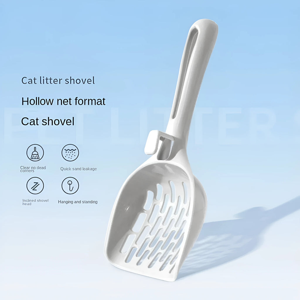 Grey plastic cat litter scoop standing upright in its attached storage base