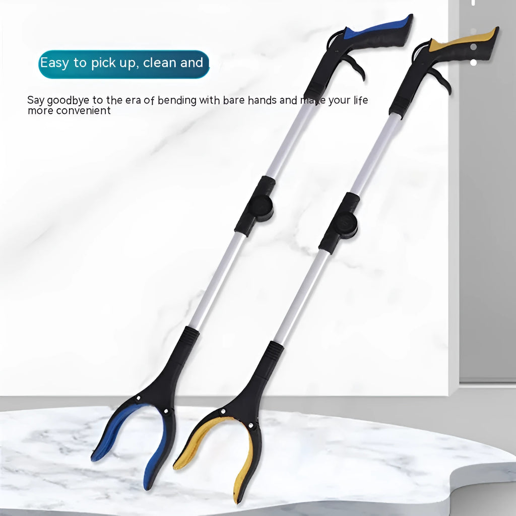 Foldable aluminium rubbish clamp with magnetic grabber head, shown extended and folded.