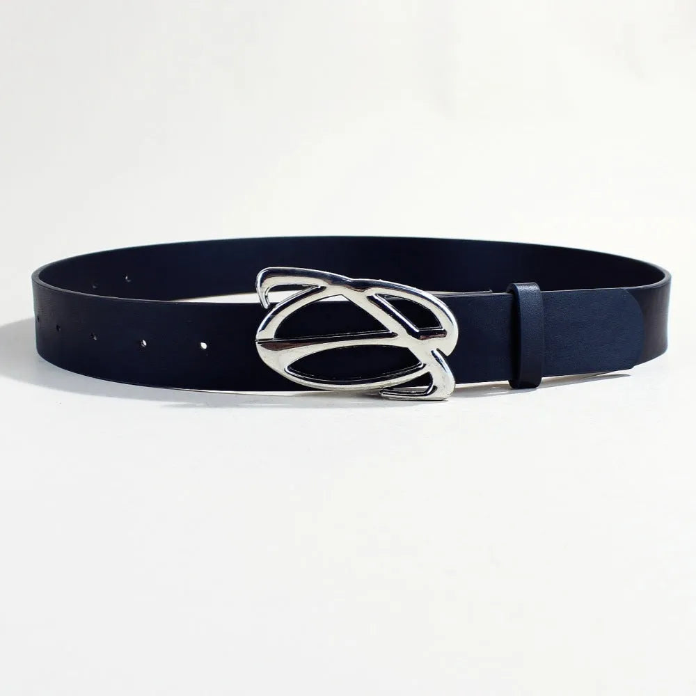 PU leather casual belt with alloy silver buckle and snap button fastening