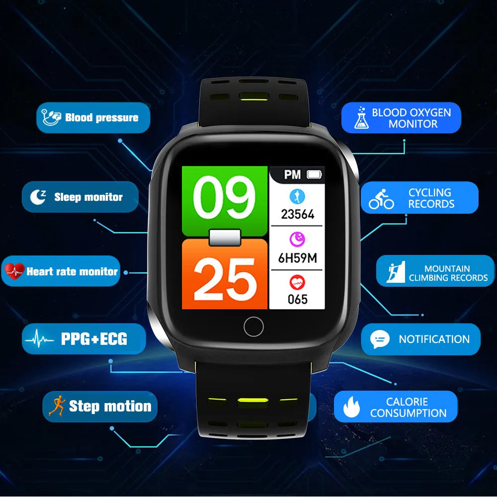 F16 smart watch with ECG monitor on a silicone wristband, showing the 43mm IPS touchscreen display.