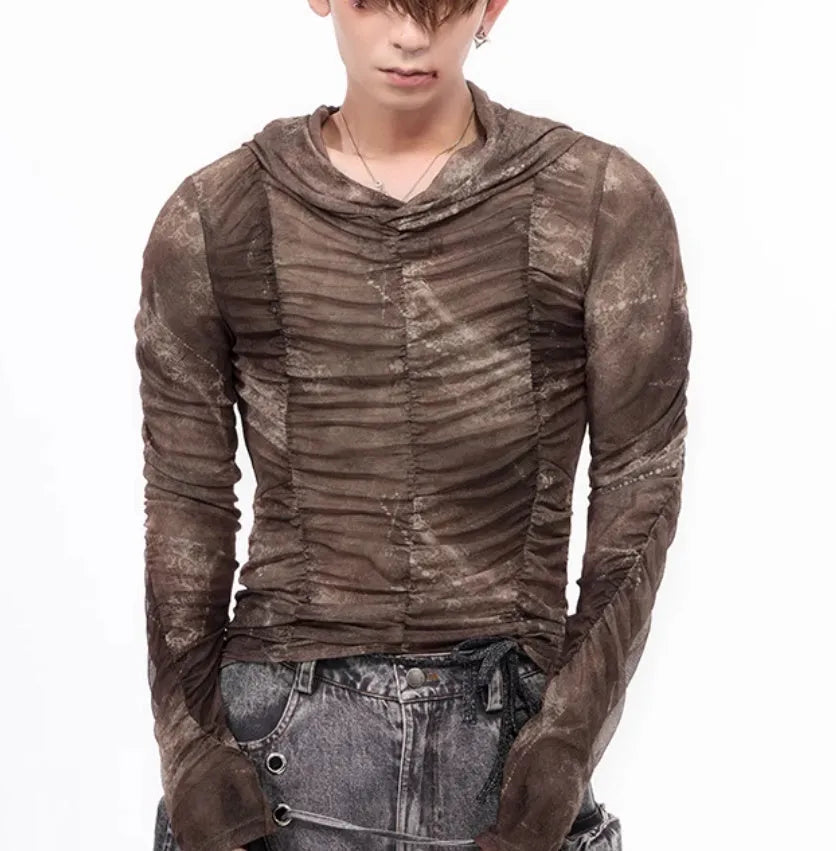 Boy's light blue pleated ice silk polyester bottoming shirt laid flat, showing youthful style and Asian sizing tags.