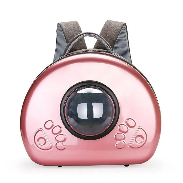 Transparent space capsule cat carrier with removable metallic front cover in pet bag design