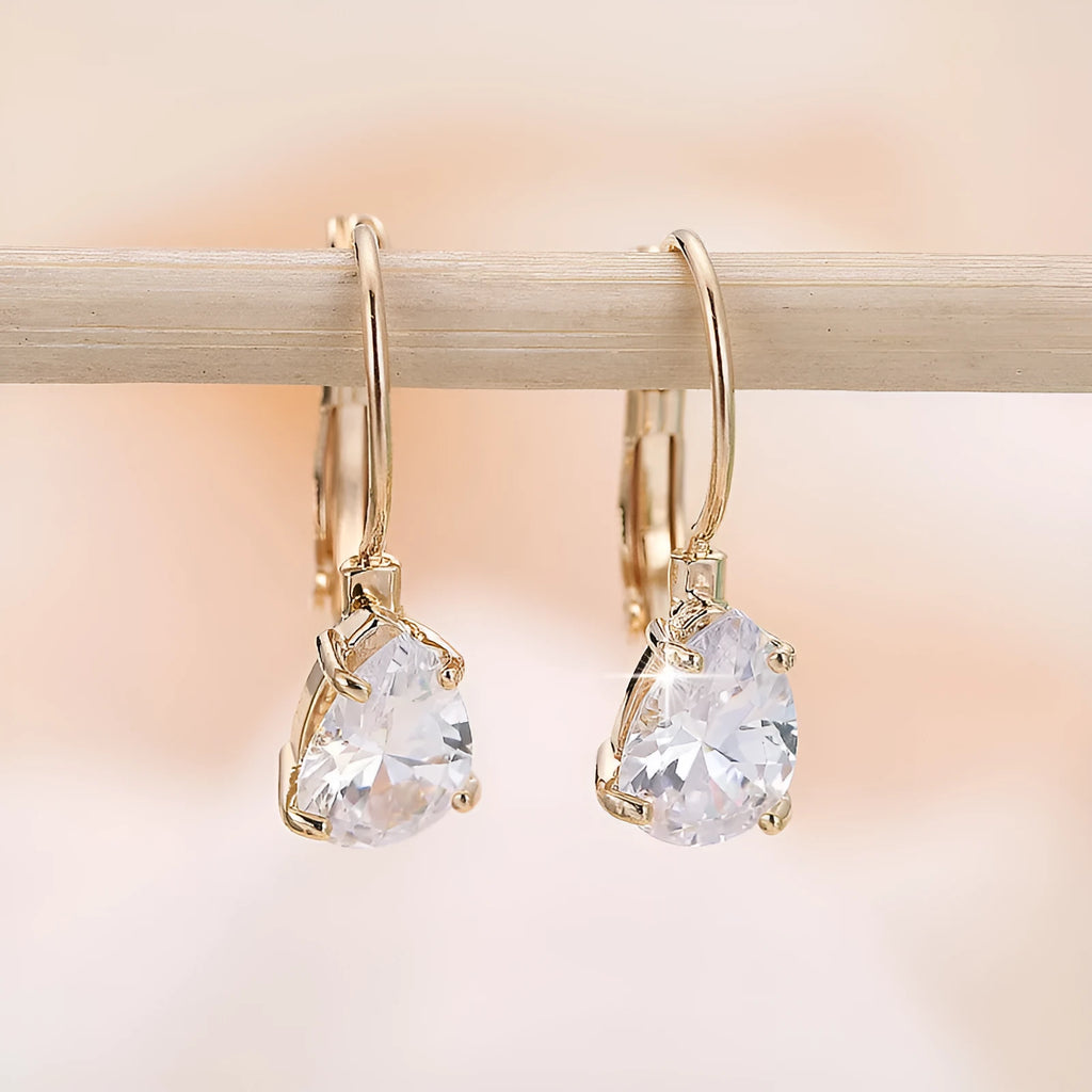 Women's drop-shaped copper earrings with platinum/kplatinum inlaid gems in gold or platinum colour
