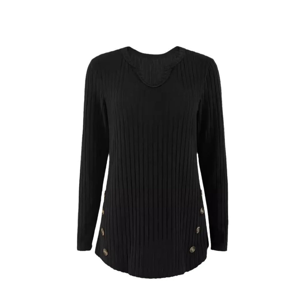 Casual solid colour knitted button sweater pullover in black or grey green