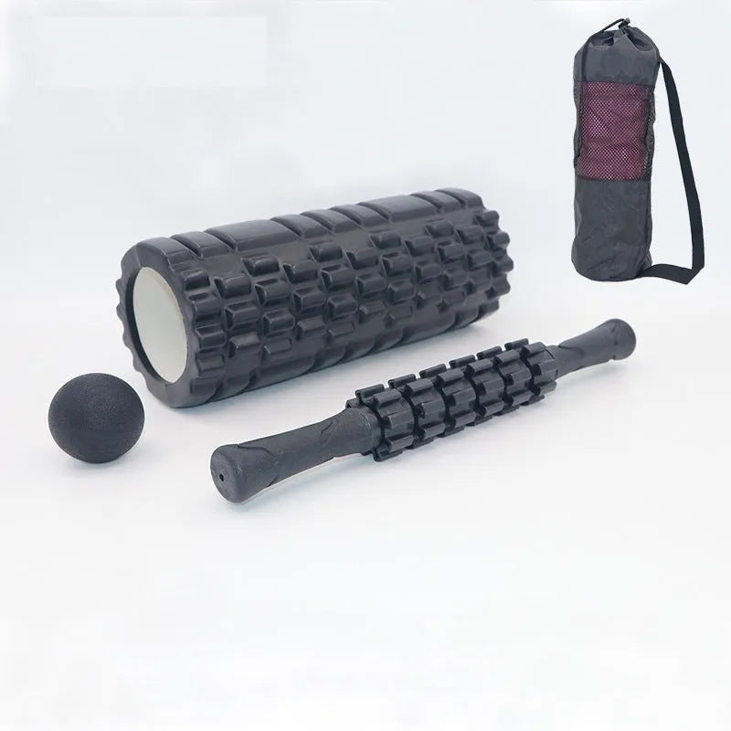 Black six-piece foam roller massage bar with gear design measuring 33cm length