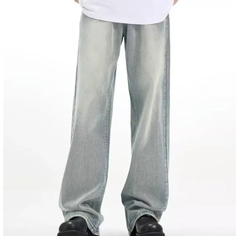 Blue loose-fit retro casual trousers made from rabbit fur, shown in a relaxed pose.