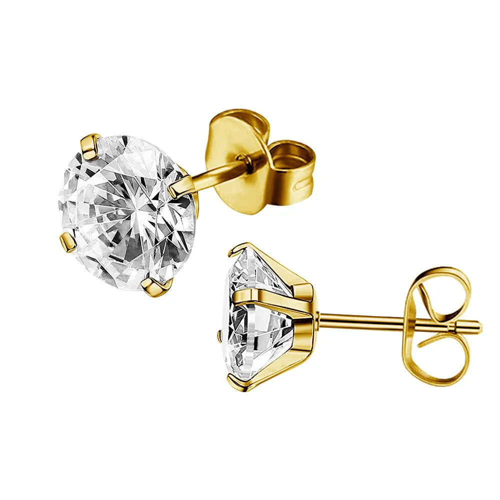 A pair of square geometric stud earrings with round zircon stones in stainless steel, shown in gold and steel colour finishes.