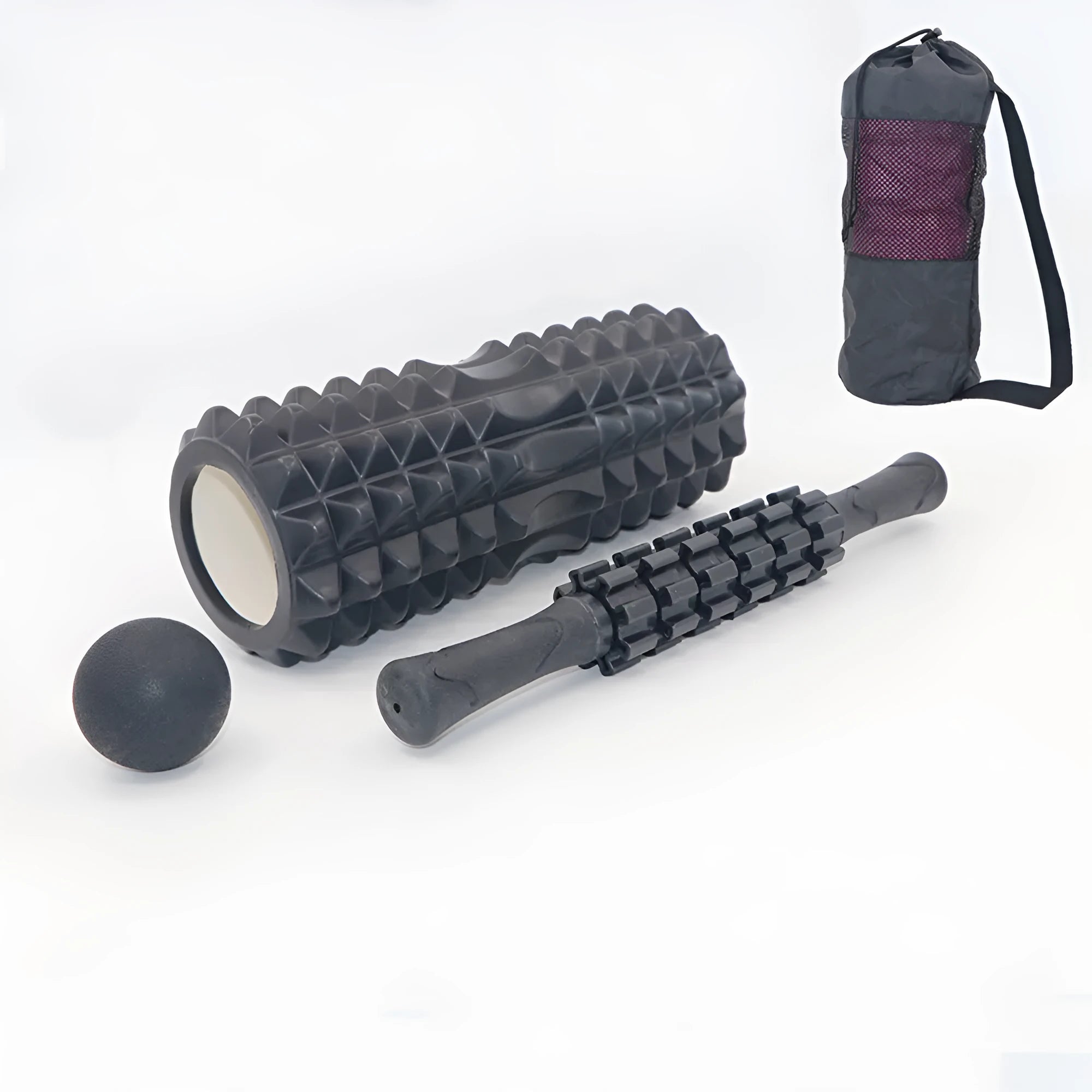 Black six-piece foam roller massage bar with gear design measuring 33cm length
