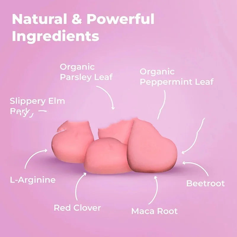 60 edible pheromone gummy tablets in household packaging for adult consumption