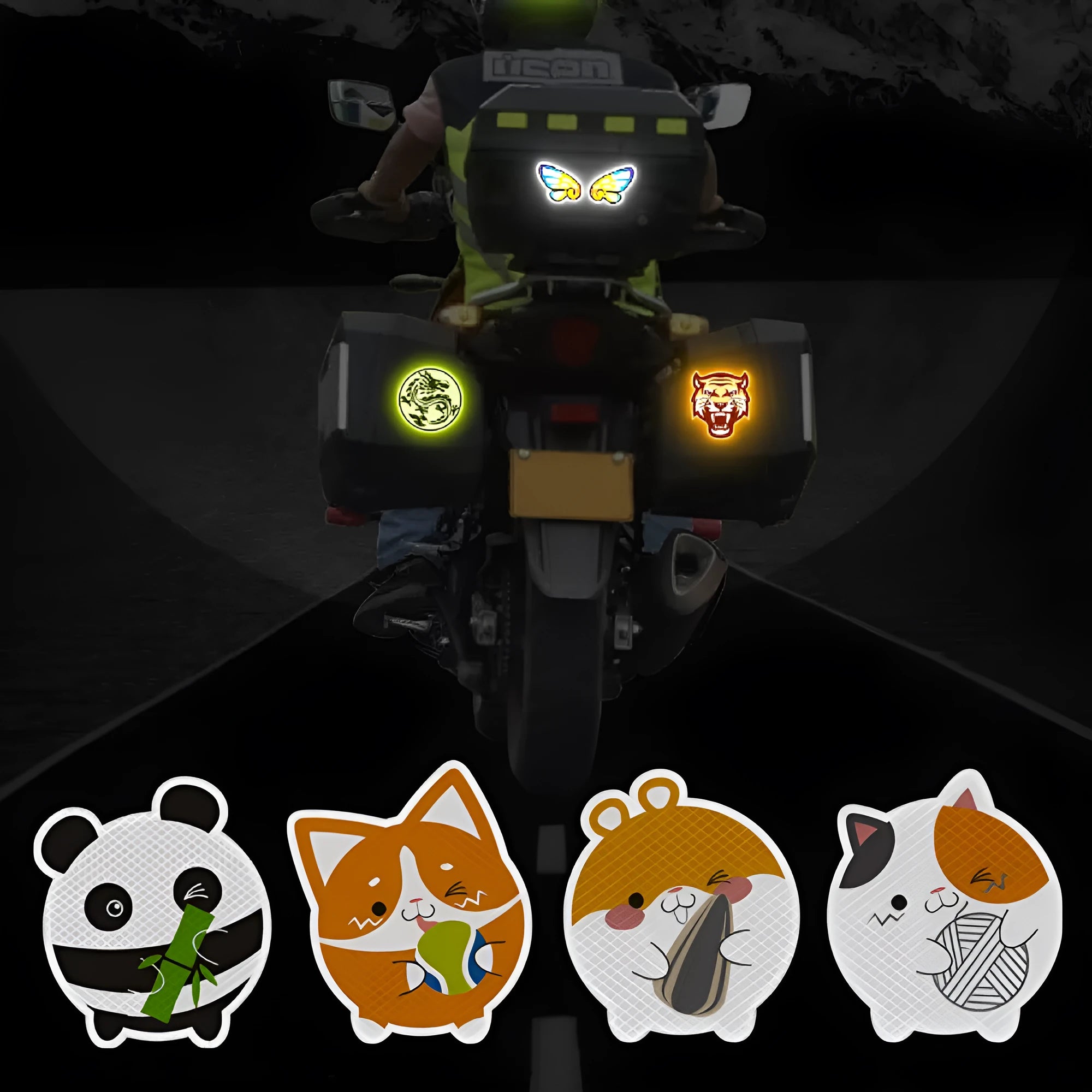 A pair of diamond-grade reflective warning stickers, measuring 9cm by 5cm, showing sample graphic designs.