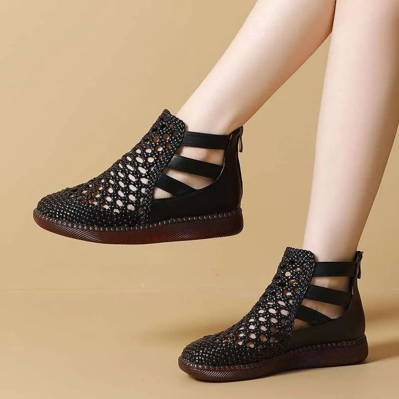 Gold women's flat sandals with breathable hollow-out pattern and soft TPR sole.