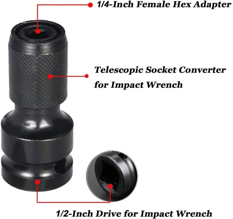 Scaling bit holder for 1/2 to 1/4 inch wrench bits with telescopic sleeve